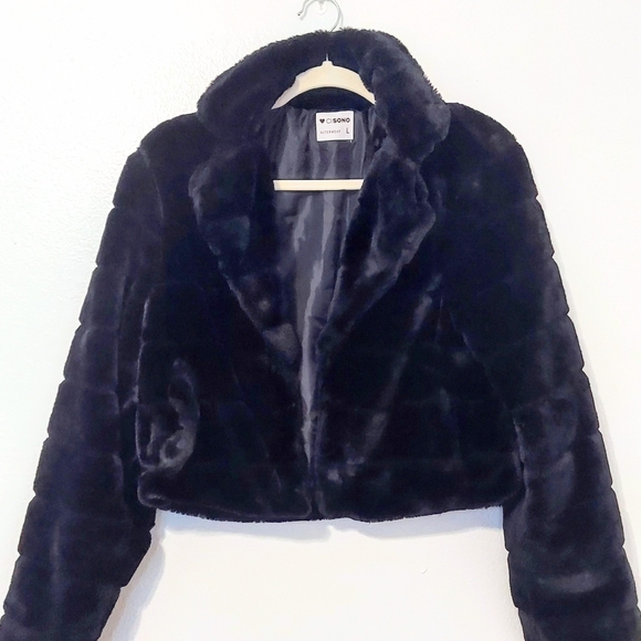 CiSono Women's Black Faux Fur Chevron Jacket Size Large - Picture 4 of 11